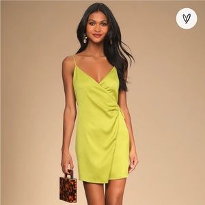 Lulu’s Vivid Vibes Lime Green Satin Ruched
Wrap Mini Dress - NWT